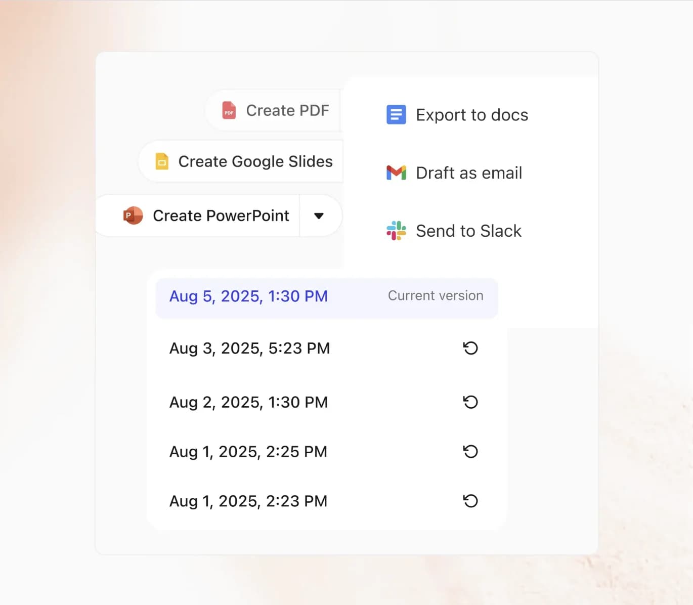 Export options and version history for a Fig artifact