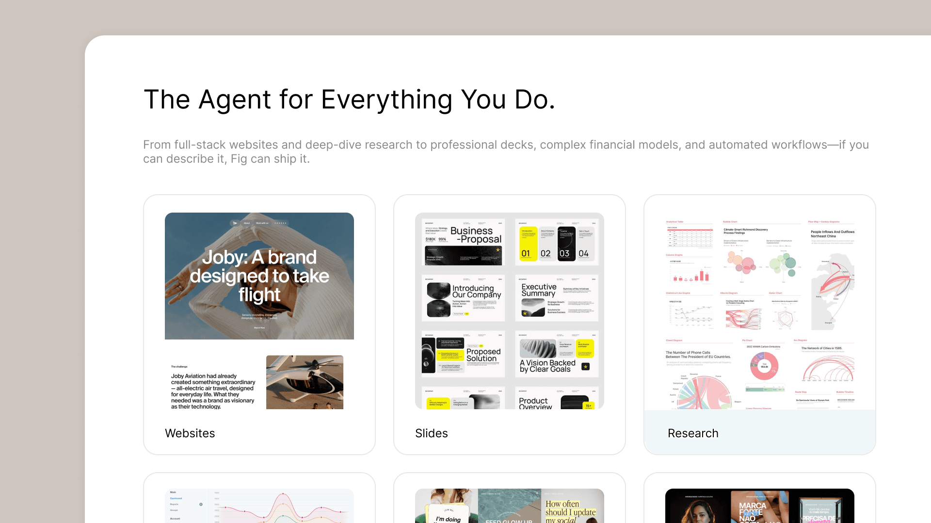 Websites, slides, and research produced by an agent