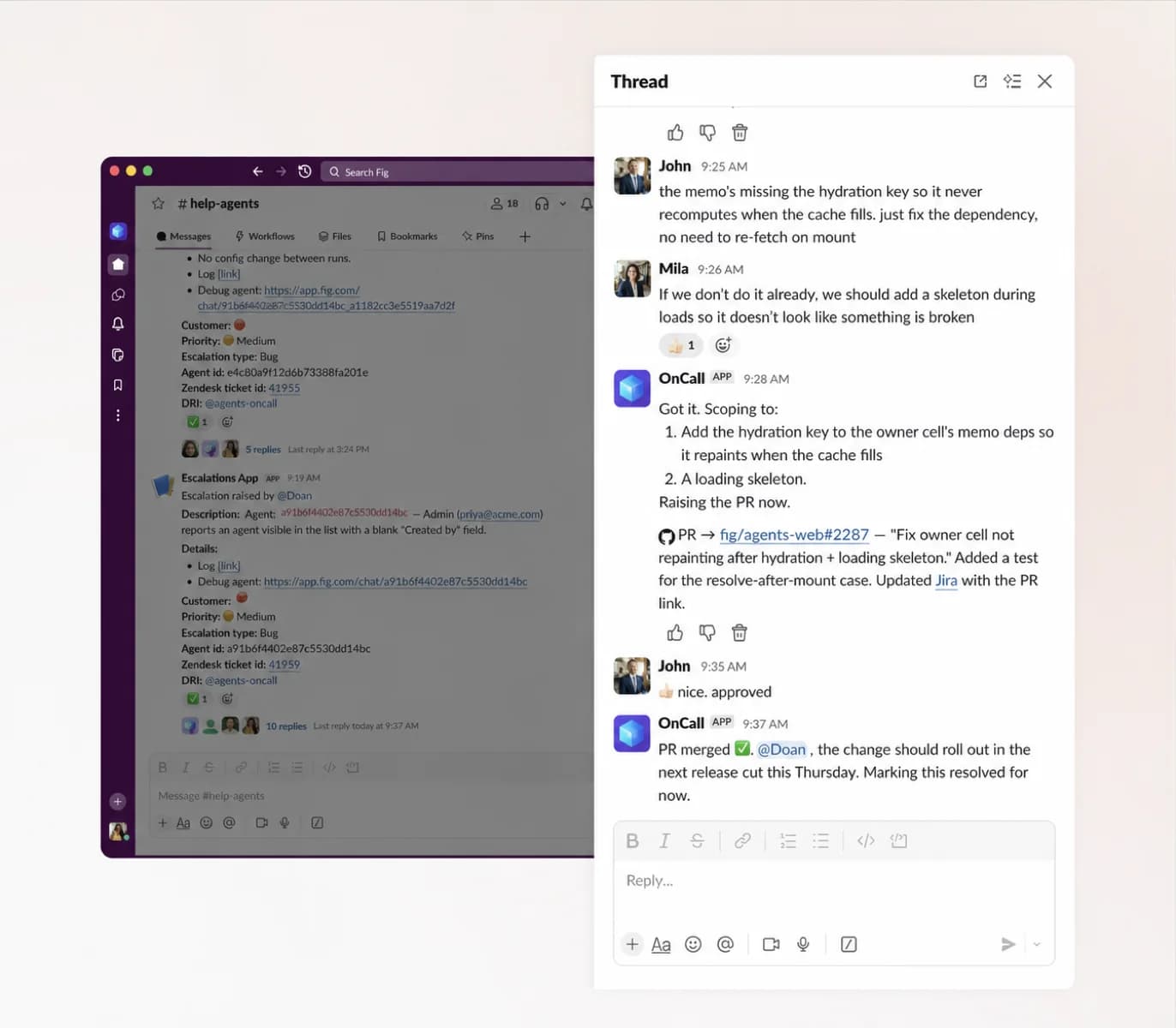 A Fig on-call agent coordinating an incident in Slack