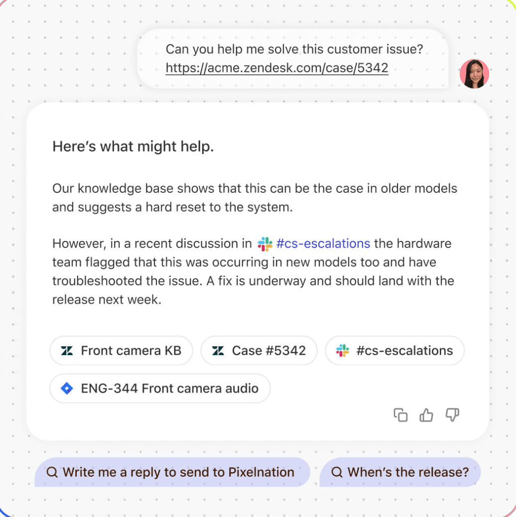 Fig resolving a customer issue from company knowledge