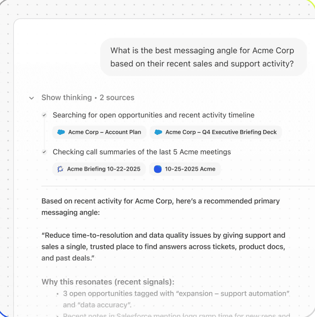 Fig recommending an account-specific marketing message from sales and support context