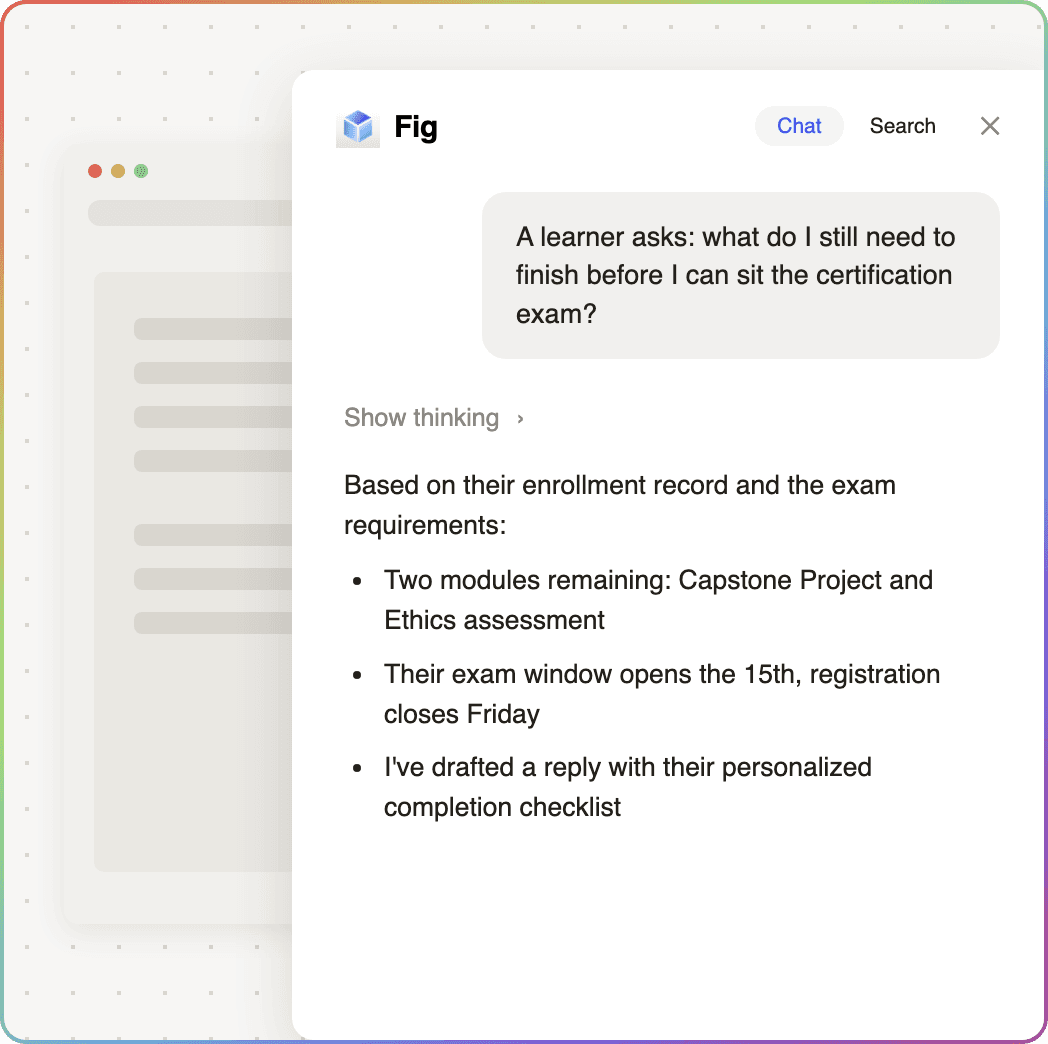 Fig helping professional training & learning providers teams answer learners without scaling support