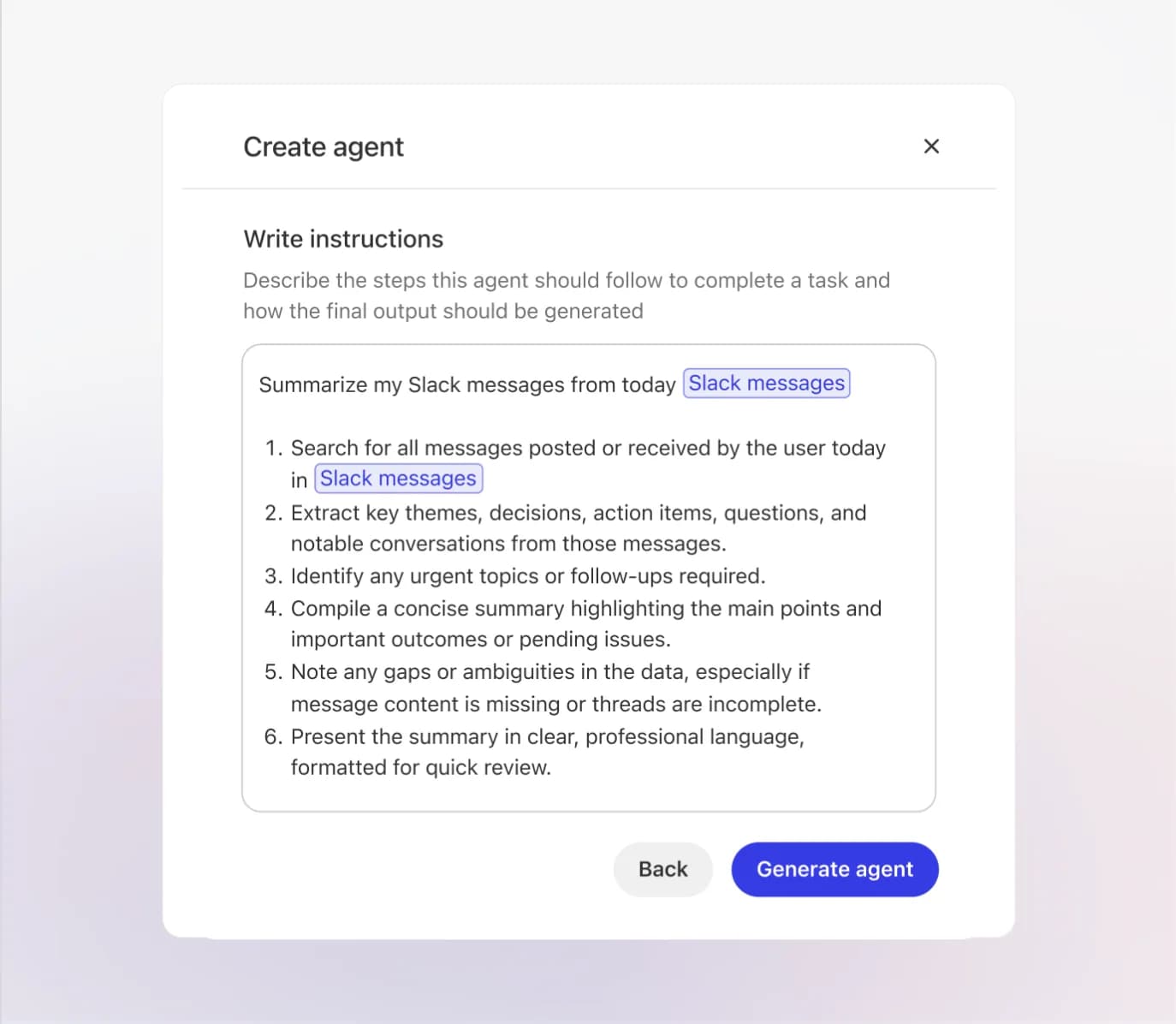 Creating a Slack summary agent from natural-language instructions