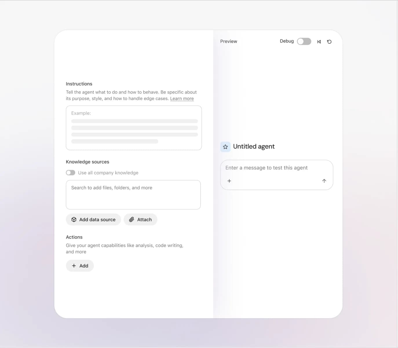 A Fig agent editor with instructions, knowledge sources, and a live preview