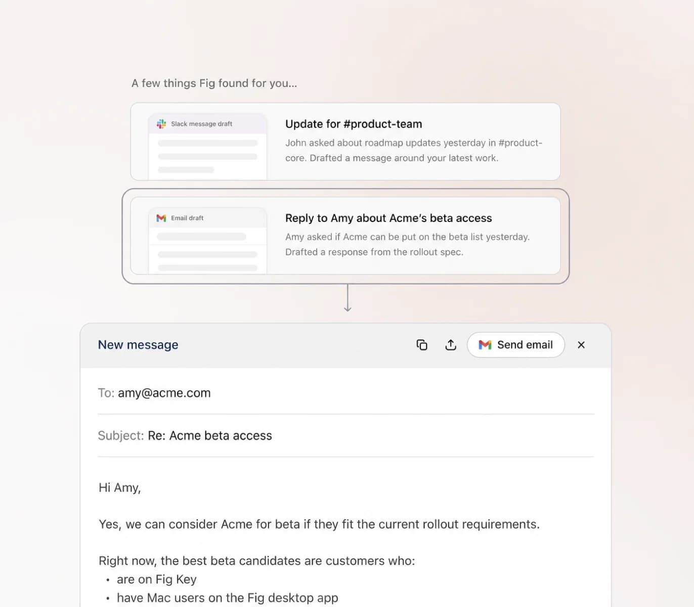Fig Assistant proactively drafting a customer email