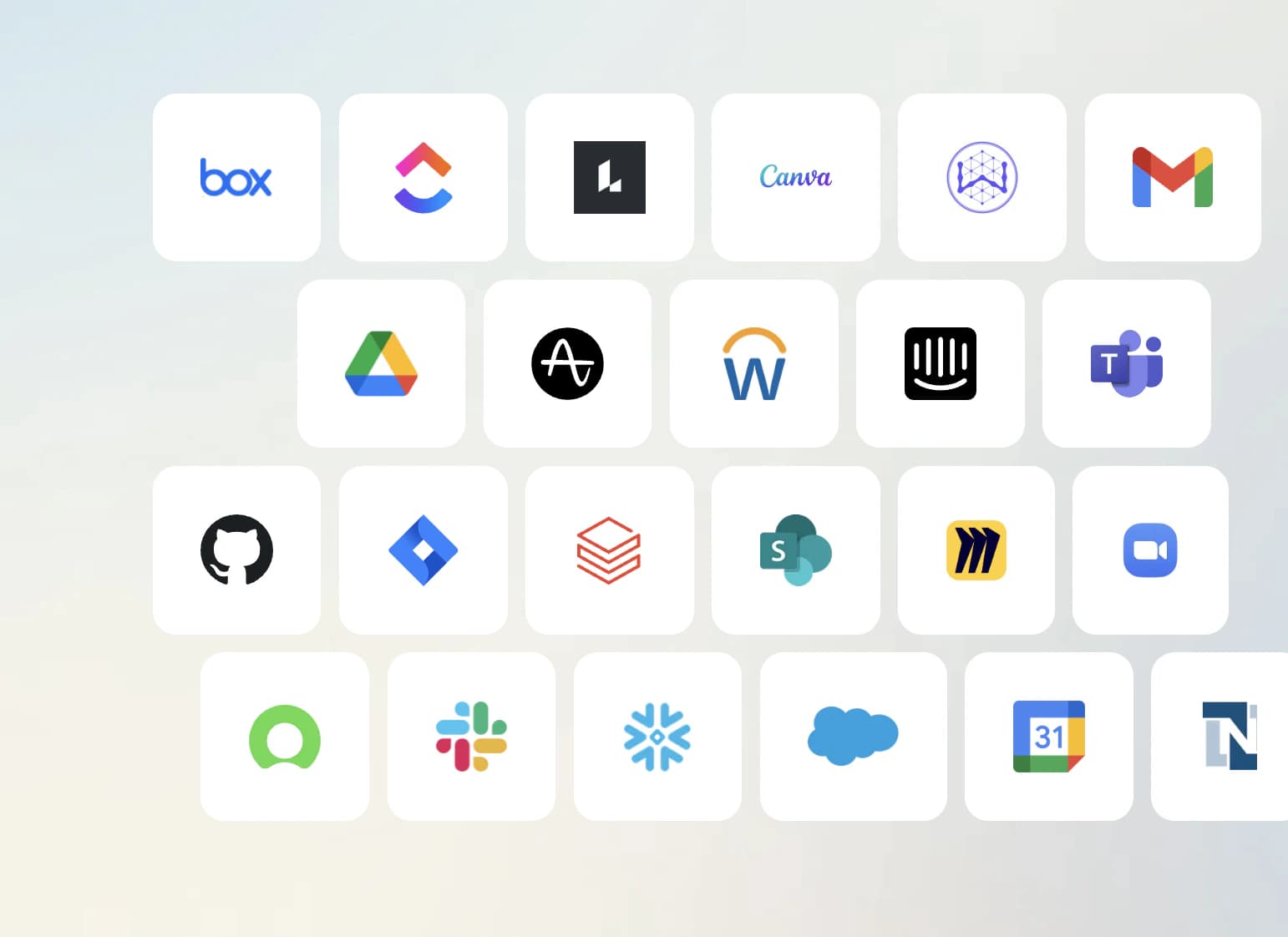 A grid of enterprise applications available to connect with Fig