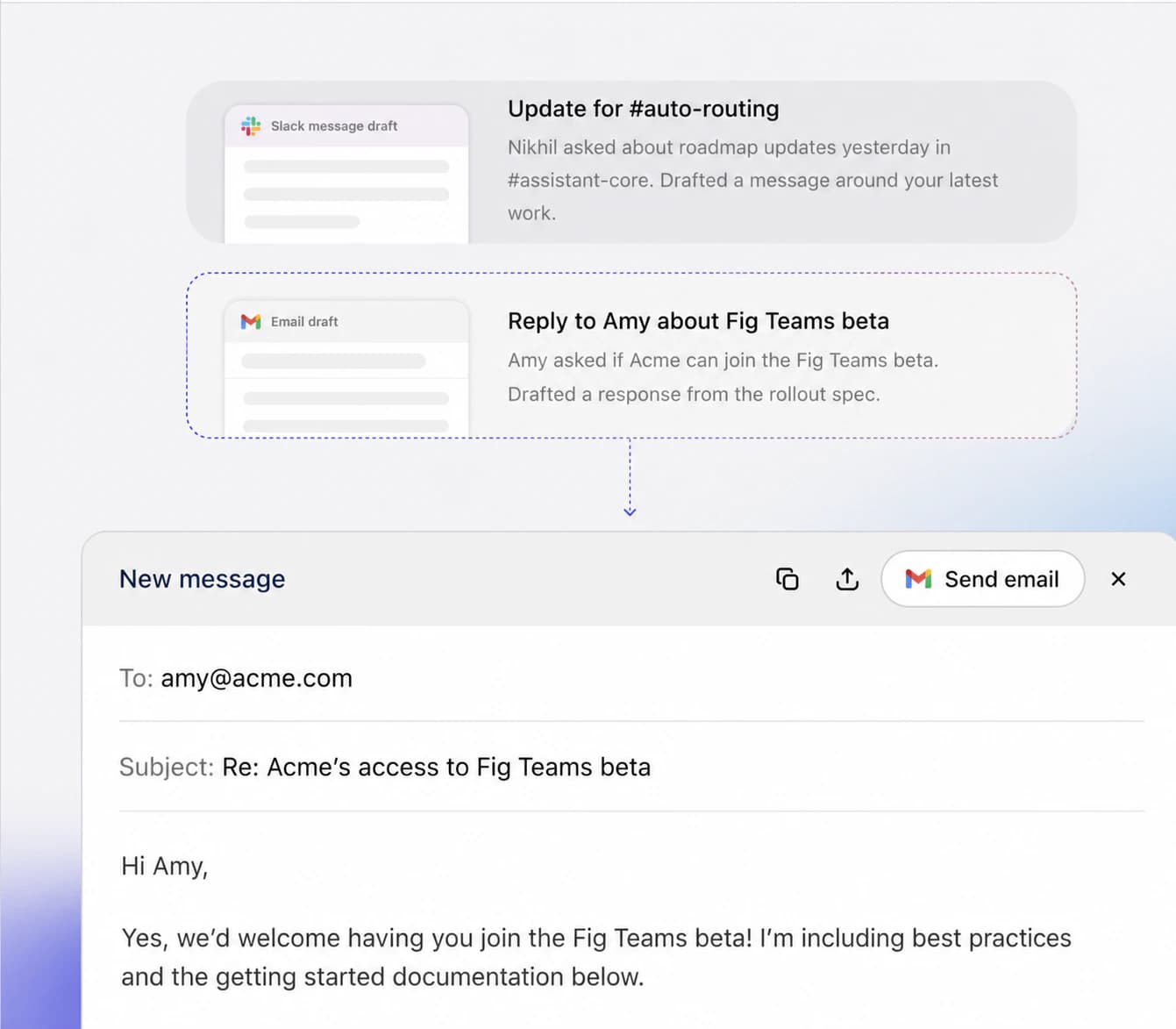 Fig drafting a proactive email from company context