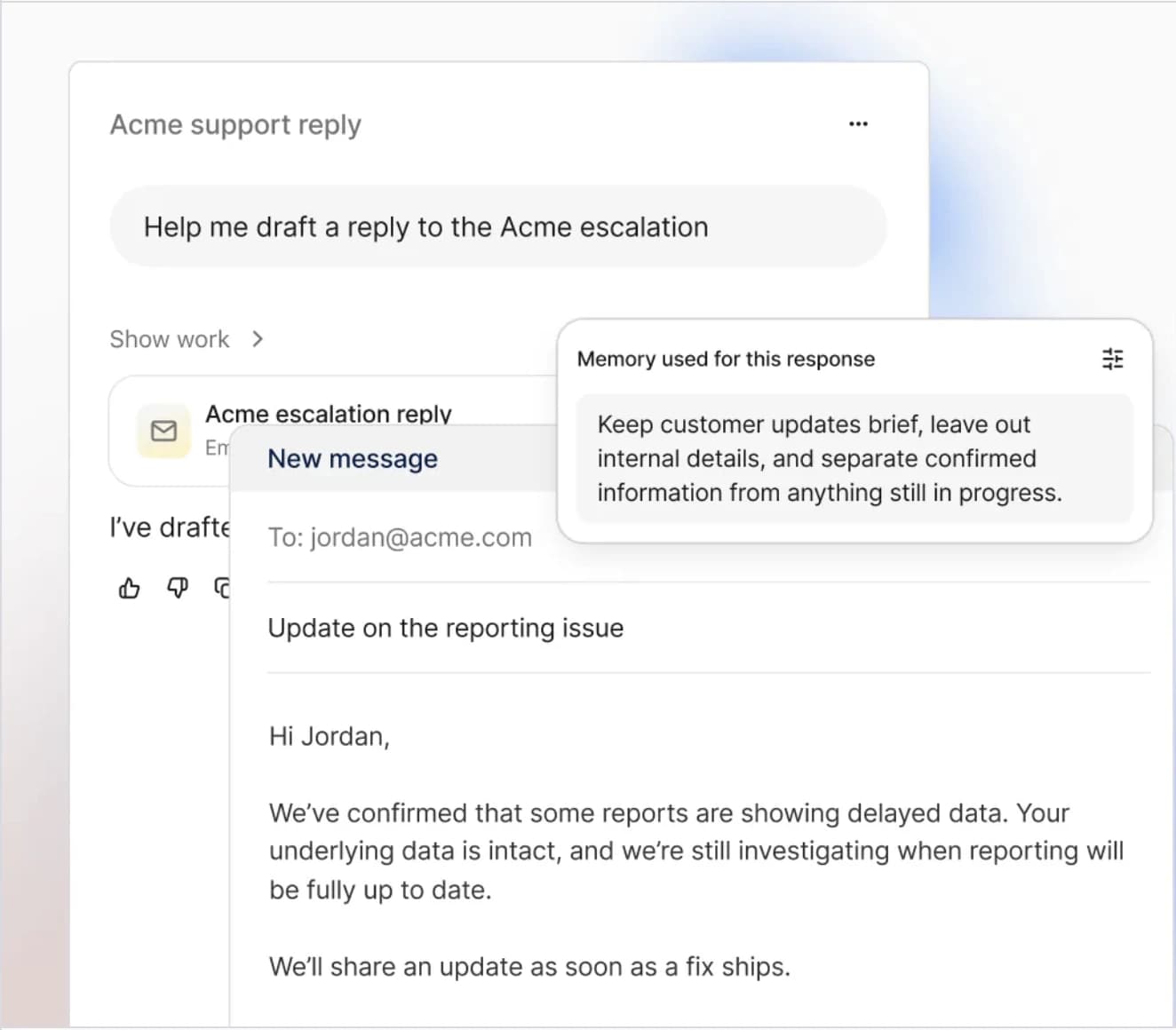 A Fig response using enterprise memory to draft a customer reply