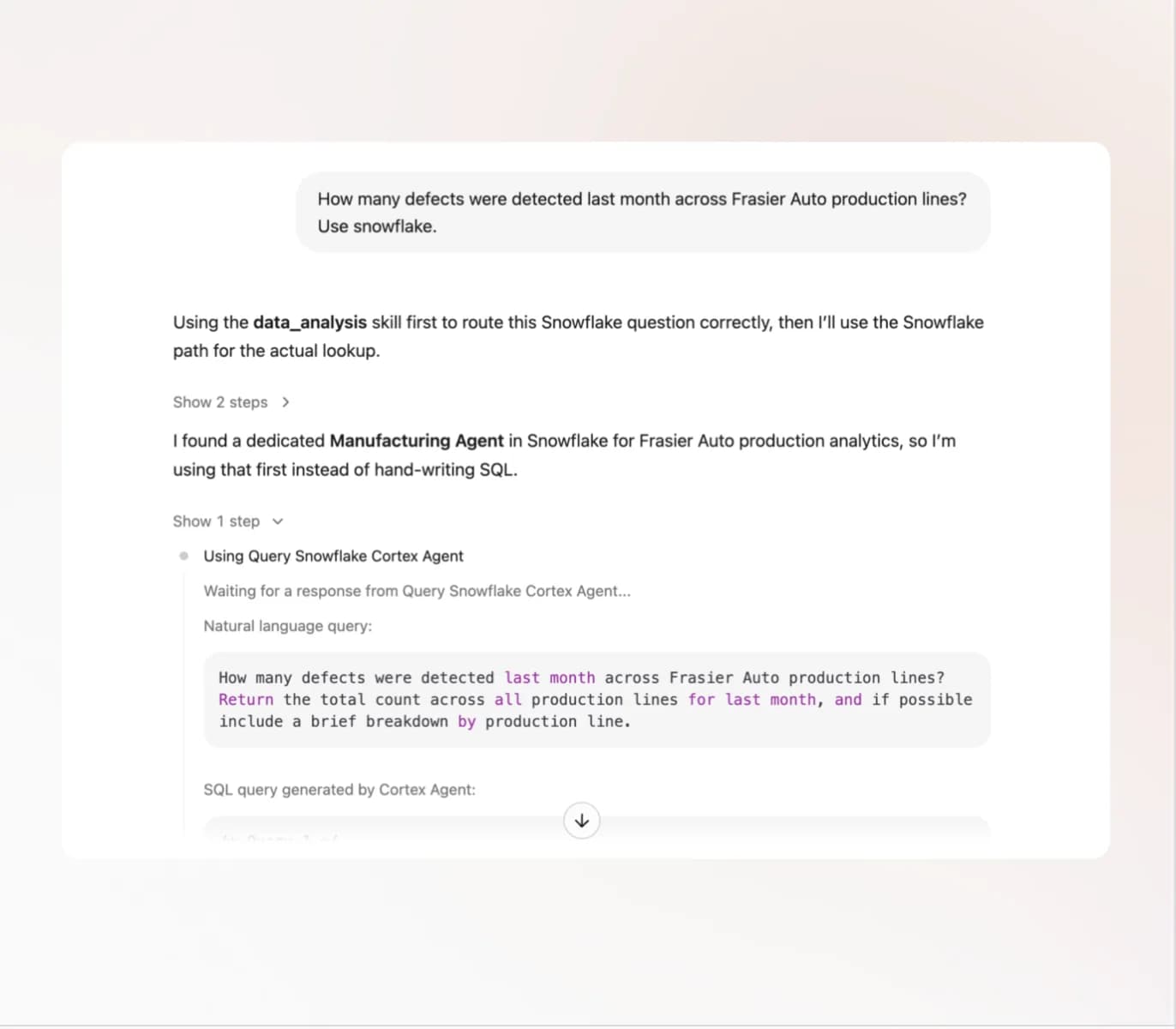 Fig analyzing a Snowflake query with supporting enterprise context