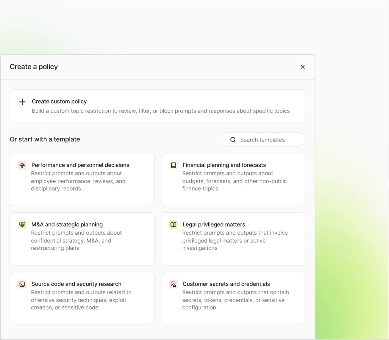 Security policy templates for governing Fig agents