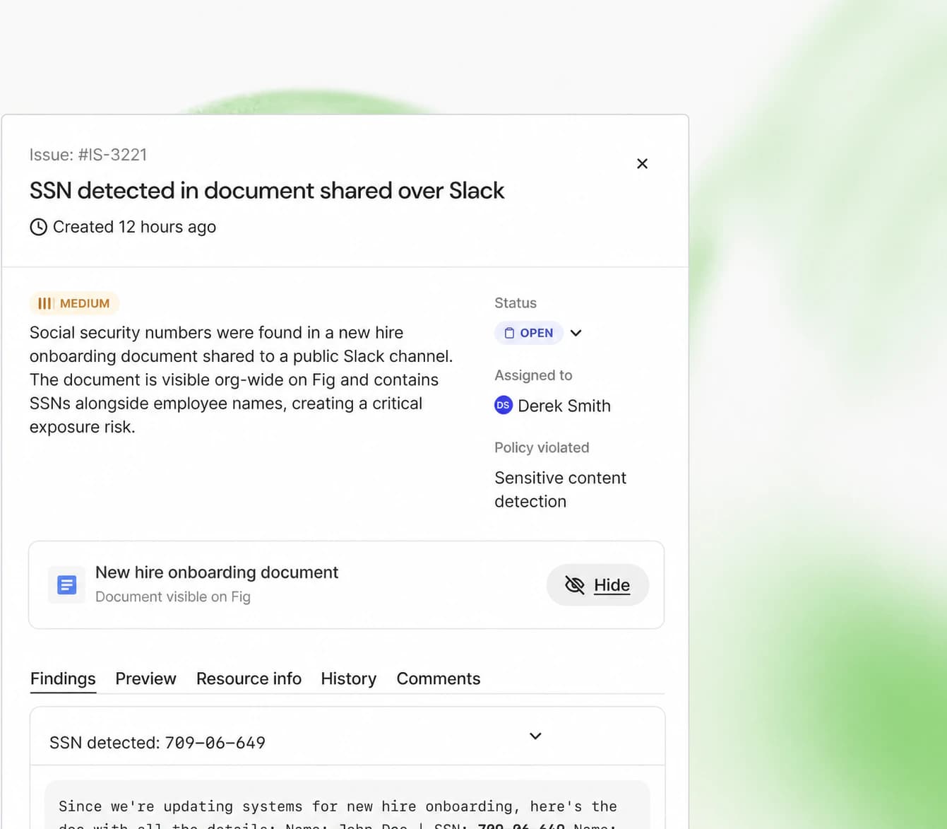 A Fig Protect issue identifying sensitive data exposed through an AI workflow